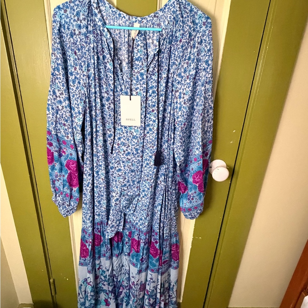Spell Blue Floral Maxi Dress with Magenta Accents NWT